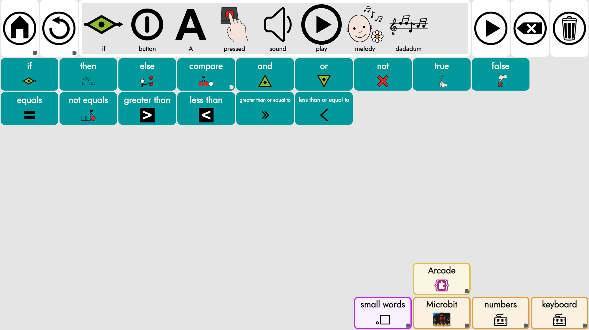 Screenshot of a web based communication grid showing logic buttons and a message window with a phrase for if button A pressed play melody daddum to correspond with Microbit code blocks.