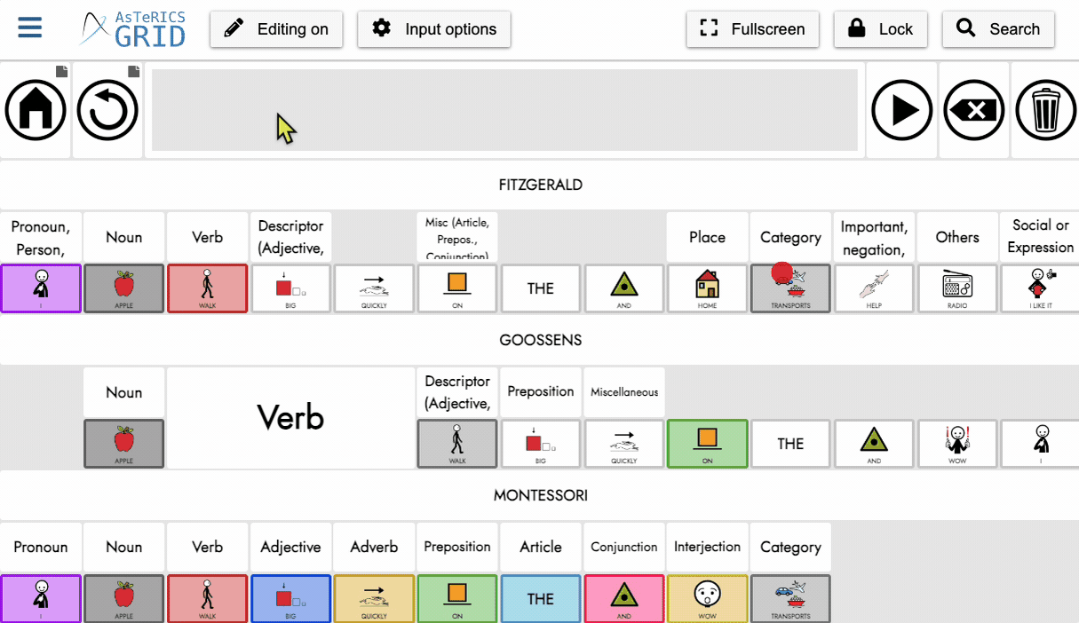 animation illustrating steps needed to import a sample grid into AsTeRICS Grid.