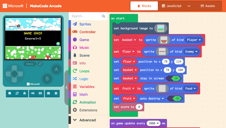 screenshot of the makecode arcade editor highlighting the simulator, toolbox, and workspace containing blocks of code