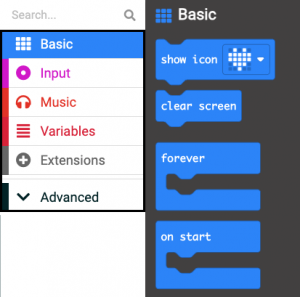 Screenshot of the Basic menu selected with available blocks showing missing show number and show leds blocks.