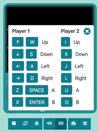 screenshot of the Makecode arcade keyboard shortcuts available for 2 players. These include all the arrow keys and A B buttons.