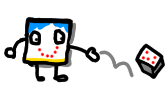 Drawing of a microbit with a smiley face throwing a dice.
