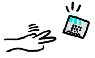 drawing of a hand making the scissors gesture and a microbit displaying a paper icon.