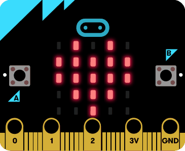 microbit board with heart showing in the center lights