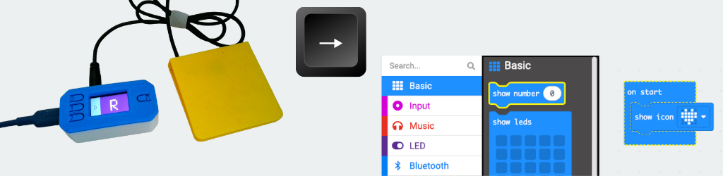 Switch interface showing letter R on the screen with a 3d printed switch connected, right arrow keyboard key and screenshot of the microbit makecode toolbox and workspace.