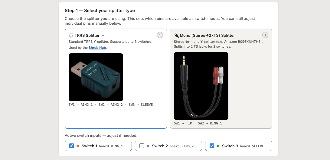 Screenshot of the Trinkey configurator website showing step one where the user can select which splitter they are using and what pins are active.