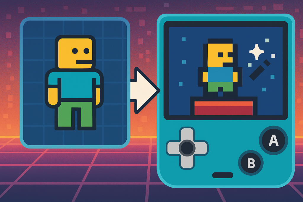 Images to arcade logo showing an person illustration with an arrow pointing to a game controller with the illustration converted to a pixel version.