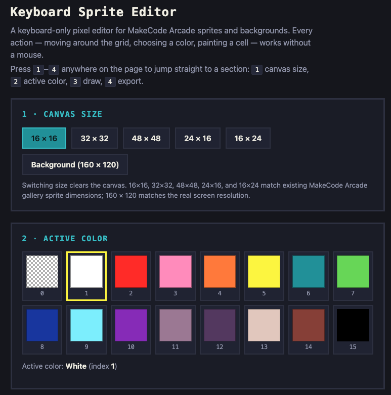 screenshot of the keyboard sprite editor web page showing the canvas size and active color panels.