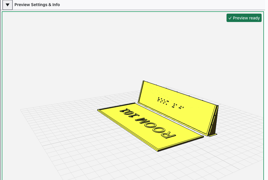 screenshot of a 3d designed sign with a vertical component with text of room 101 and angled component with braille label.